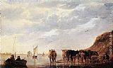 Cows Canvas Paintings - Herdsman with Five Cows by a River